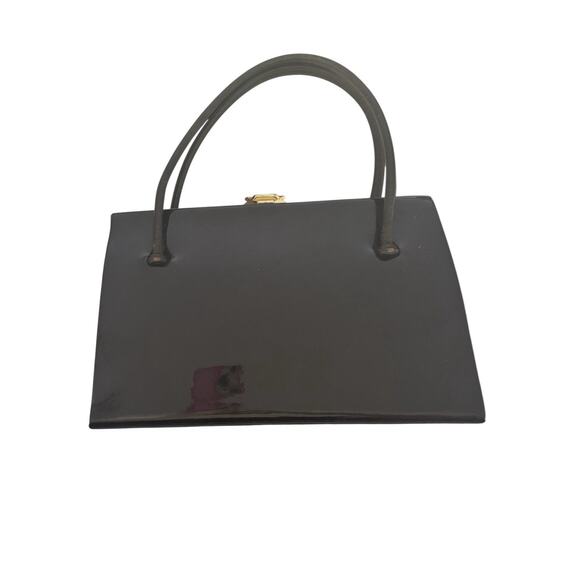 Waldybag Classic Dainty Dark Chestnut Brown Patent Leather Top Handles Bag 1950s - Picture 11 of 13